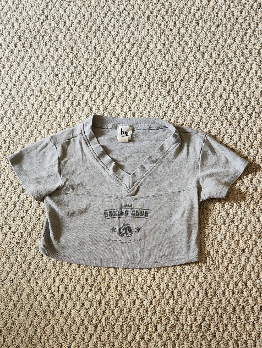 Y2K Cropped Grey BLANC NOIR V-Neck 'Boxing Club' Ribbed Tee